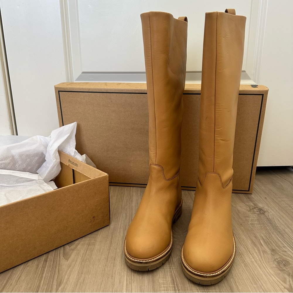 ASOS DESIGN Cassandra leather pull-on knee boots in camel, Size US5
